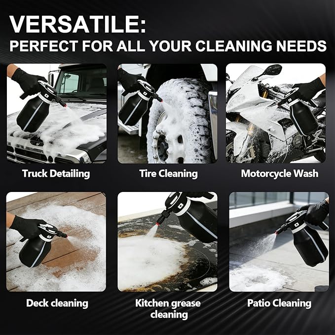 Upgraded Electric Foam Sprayer, 2L Cordless Rechargeable Battery Powered Foam Cannon Portable Foam Sprayer with Detergent Cup for Car Wash Truck RV Home Garden