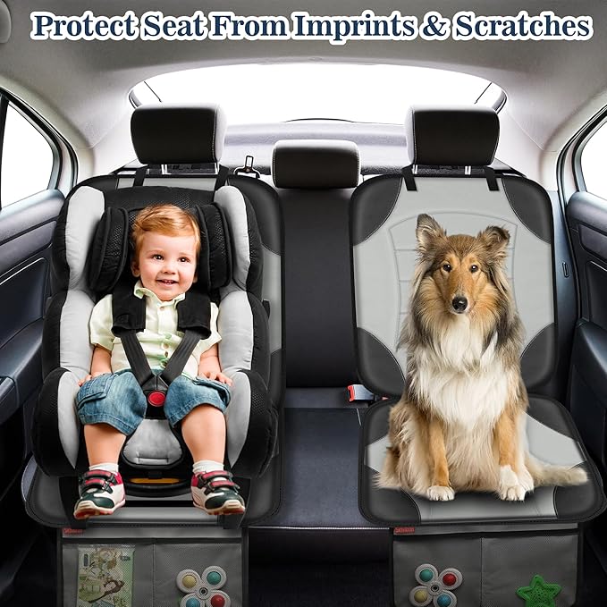 Sinvitron Car Seat Protector for Child Car Seat - Waterproof Non-Slip Leather Mat with 2 Mesh Pockets, Universal Seat Cover for Baby, Pets & Vehicles(2-Pack, Grey)