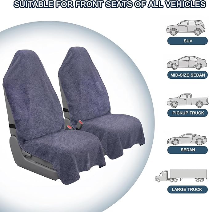 Car Seat Towel Cover, 2pcs Universal Front Seat Protector for Cars, SUVs and Trucks, Sweat Towel Car Seat Cover for Gym, Yoga, Swimming, Pets and Family Travel, Purple Gray