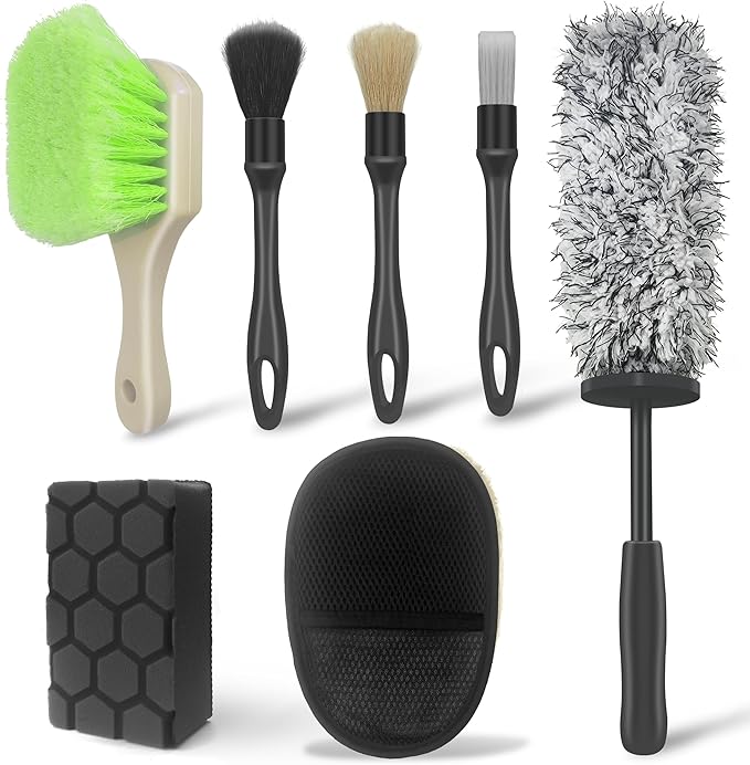 7PCS Car Wheel & Tire Brush Set, Tire Brush,Rims Brush,Microfiber Flat Wheel Brush, Detailing Brushes,Detailing Pads Interior, Exterior, Cleaning kit for Truck, SUV, RV, Motorcycle,Bikes