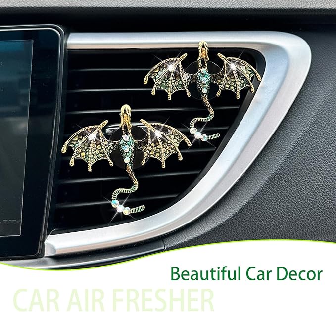 Dragon Car Accessories 2pcs Bling Dragon Car Air Freshener Vent Clips Cute Alloy Dark Green Enamel Wyvern Vent Clip Decorations Refillable Essential Oil Diffuser