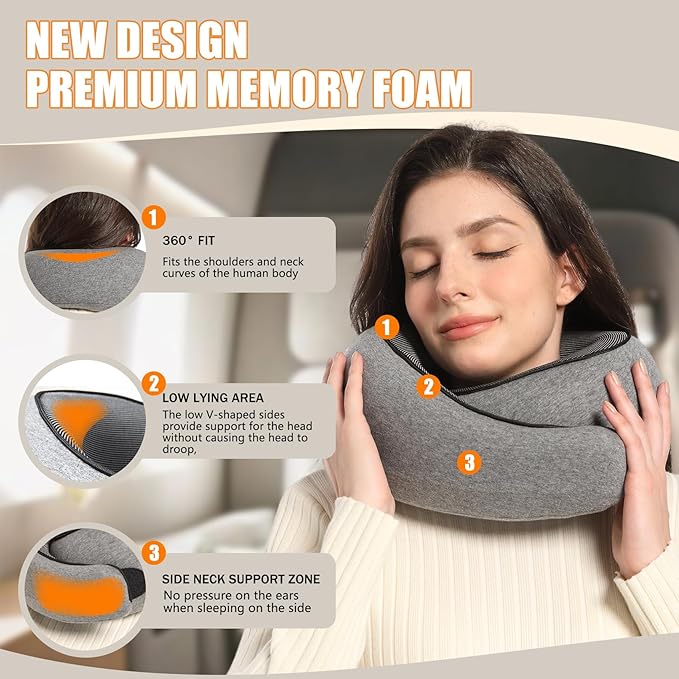 Pillows for Travel Headrest Neck Support Travel Pillows for Airplanes Or Trains, 360° Head Support Sleep for Long Flight, Kit with 3D Contoured Eye Mask, Earplugs and Storage Bag