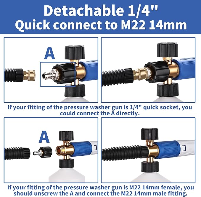 FENG PAI Pressure Washer Foam Cannon with Dual Connector Accessory & 7 Power Washer Sprayer Nozzles, Double Tip Attachment For Soap Cannon, 1/4" Quick Connect, 3600 PSI