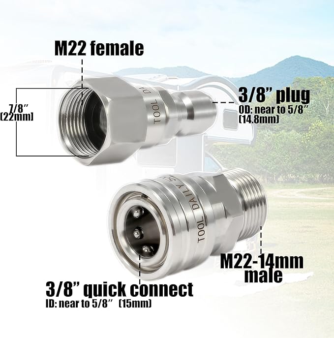 Tool Daily Pressure Washer Adapter Set with Swivel, M22 14mm to 3/8" Quick Connect, Stainless Steel Quick Disconnect Swivel for Power Washer Hose, 5000 PSI