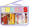 Snack Bag for Travel - Clear Chenille Varsity Letter Flat Pouch with Zipper, 12.2×8.46 inch Waterproof Clear Nylon Preppy Patch Makeup Cosmetic tote Bags for Women Girls