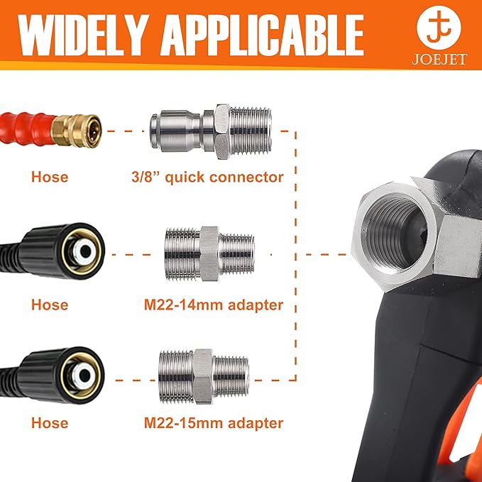 JOEJET Pressure Washer Gun with Swivel, Short Power Washer Gun with 5 Spray Nozzle Tips, 3/8" Quick Connect Plug and M22-14/15mm Fittings