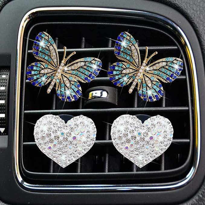 Bling Heart Butterfly Air Freshener Clips, 4 Pcs Car Vent Diffuser, Rhinestone Decoration, Cute Interior Accessories for Women (Blue)