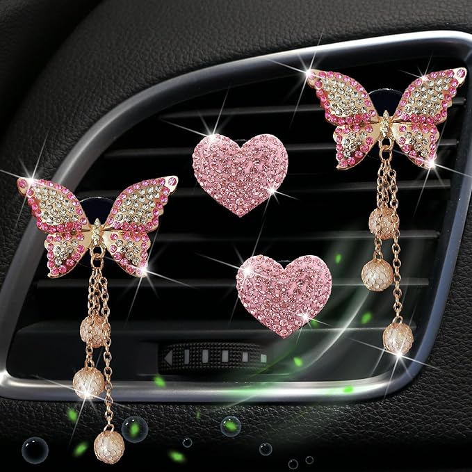 Pink Heart & Butterfly Air Vent Clips, 4 Pcs Bling Heart & Butterfly Air Fresheners Vents Clips Diamond Car Interior Decor Bling Cute Pink Car Accessories Decoration for Women + Heart Mask Hook