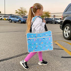 MENZOKE Kids Travel Tray, Car Seat Tray for Kids Travel, Toddler Essentials Girls with Tablet Holder, Road Trip Essentials with Cooler Cup Holder, Dry Erase Board & Storage Pocket for Airplane, Blue