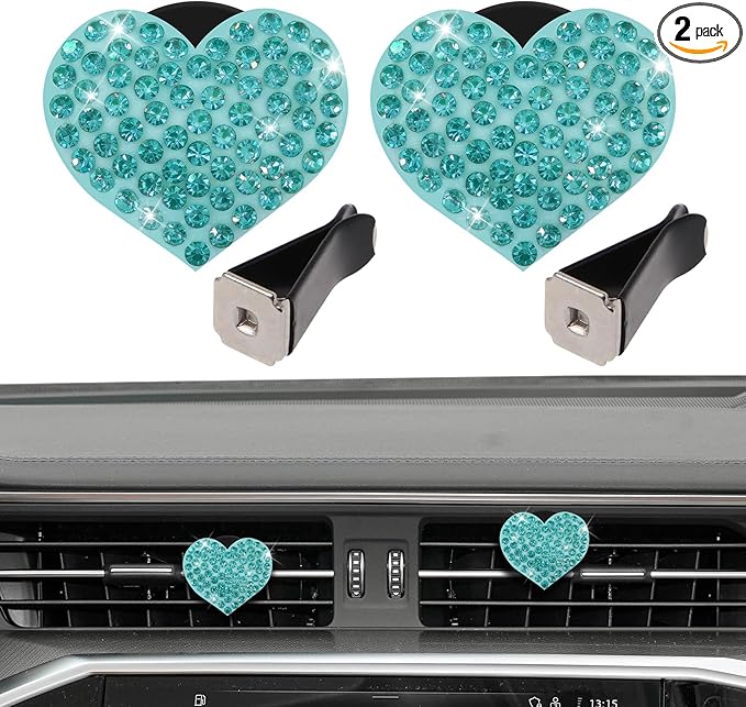 2PCS Heart-Shaped Car Vent Clip with Rhinestone, Car Vent Accessory, Bling Heart Charm Air Conditioning Outlet Clip, Auto Diffuser Air Freshener Charm for Women Girls (Lake Blue, Heart)