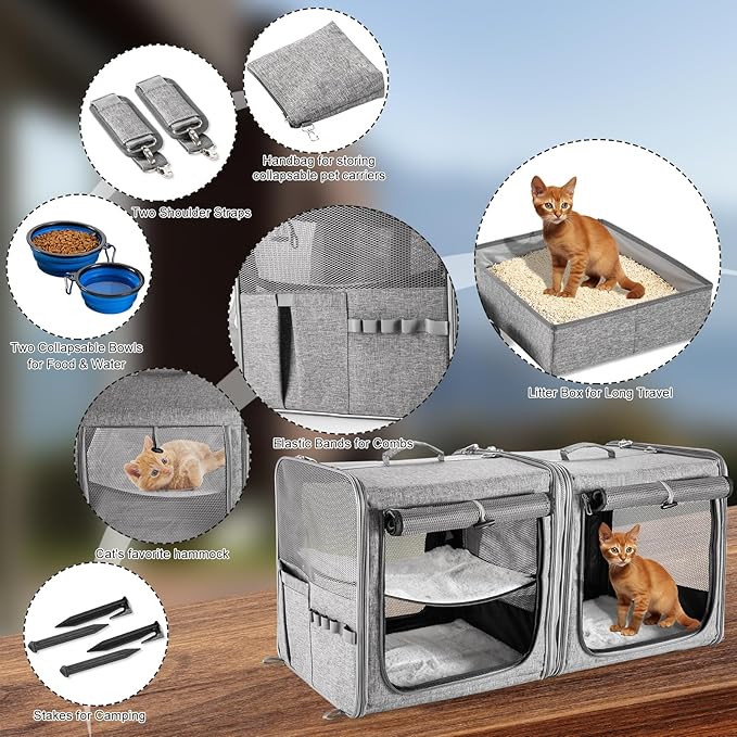 Suertree Large Cat Carrier for 2 Cats with Zipper Locks, Double Cat Carrier with Travel Litter Box, Soft Pet Travel Carrier for Cats and Small Dogs Up to 45 Lbs, Gray