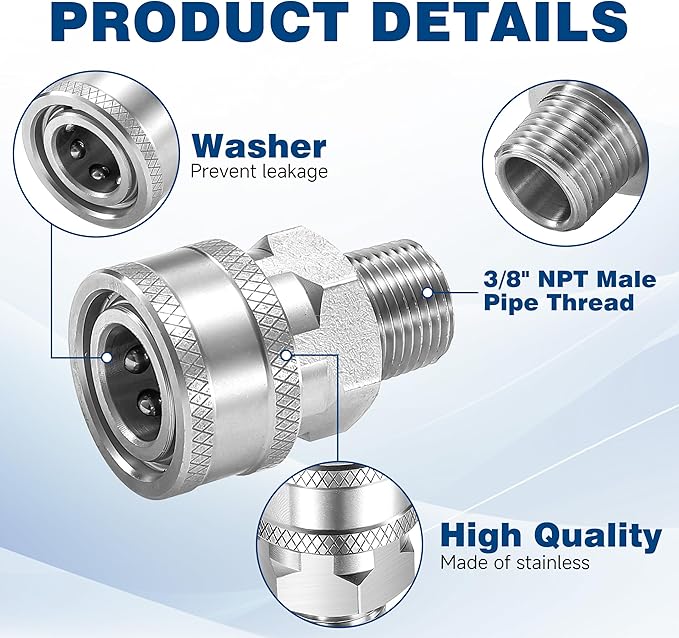 3/8 Inch NPT Pressure Washer Adapter Set, 12-Piece Stainless Steel External Thread Quick Connector Kit - 3/8" NPT Male Thread Quick Connect Hose Fittings, 5000 PSI