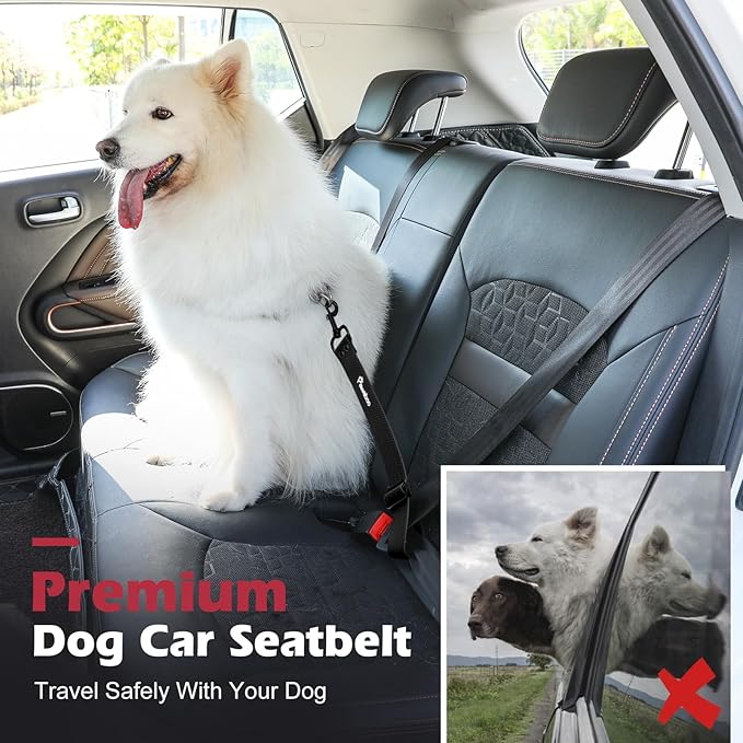 Pawaboo 2-Pack Dog Car Seatbelts, Universal Pet Safety Belts with 360° Rotatable Hook, Chew-Proof Nylon & PVC Dog Car Restraints, Adjustable Dog Seat Belt Leashes for Cars, 20", Black