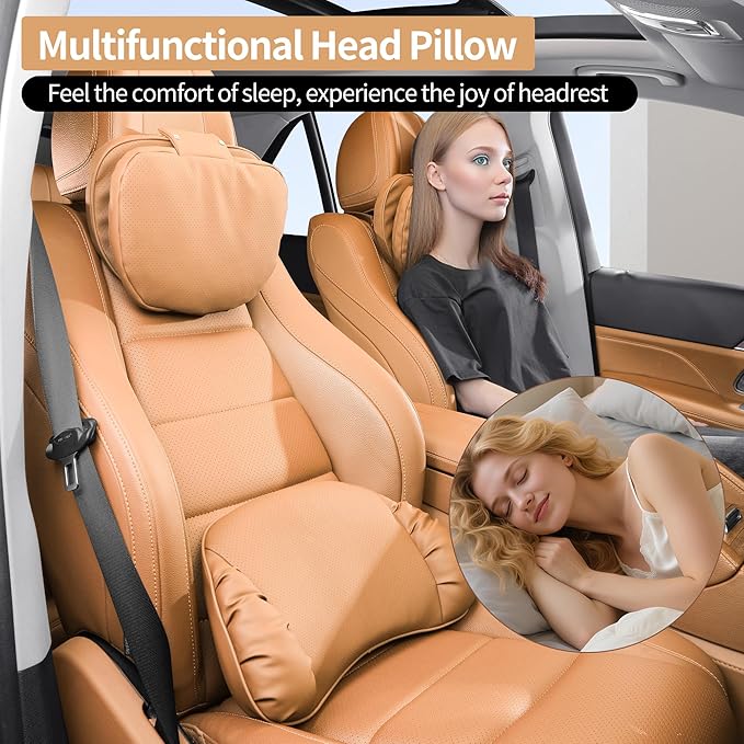 Car Headrest Pillow for Driving, Dual-Sided Leather Design Neck Pillow, Breathable Softness Neck Support, Universal Fit Head Rest Travel Pillow, Palomino Brown, 2 Pack