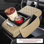 5 in 1 Car Center Console Cover, Armrest Pad with 2 Storage Pockets, Cup Holder, Tissue Box Slot, Phone Holder, Universal Car Interior Organizer (Beige)