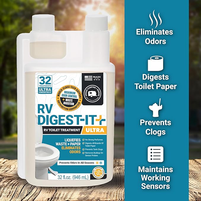 Unique RV Digest-It Ultra Super Concentrated RV Toilet Treatment, 64 Uses - Eliminates Smells and Liquifies Waste, Preventative Bio-Enzymatic Holding Tank Treatment (32 oz, Pack of 2)