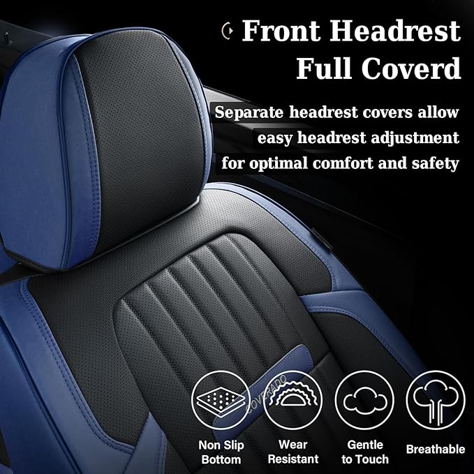 Coverado Car Seat Covers Full Set, Car Seat Protector Car Seat Cushion, Nappa Leather Seat Covers for Cars, Front and Back Seat Protectors Cushions Universal Fit for Most Cars Vehicles(Blue&Black)