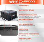 Car Rooftop Cargo Carrier Bag, 15 Cubic ft. 100% Waterproof Roof Bag & Zippers, for All Cars with/Without Racks, 10 Heavy Duty Straps 1.5” Wide, Heat Welded Seams, Roof Pad +Storage Bag +6 Door Hooks
