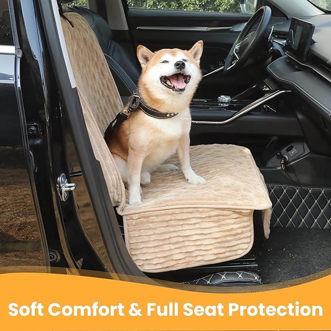Dog Car Seat Cover for Front or Back Seat, Soft Flannel Pet Car Seat Protector with Waterproof Layer, Non-Slip Washable Dog Car Bed Mat for Travel (LightCoffee Front)