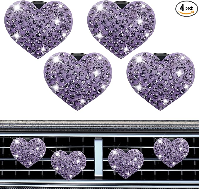 4PCS Heart-Shaped Car Vent Clip with Rhinestone, Vent Clip Car Accessories, Sparkly Rhinestone Bling Diamond Freshener Holder, Air Conditioning Outlet Ornament for Women Girls (Purple, Style1)