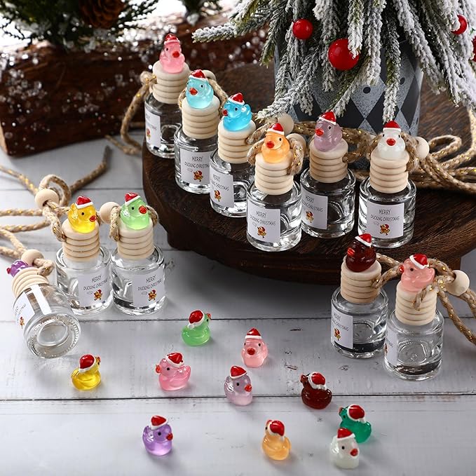 24 Set Christmas Hanging Car Air Freshener Car Diffuser Bottles Bulk Employee Appreciation Gifts Empty Glass Perfume Bottle with Resin Ducks and Merry Ducking Christmas Tags for Essential Oil