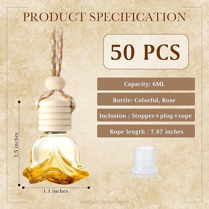BBTO 50 Pcs Hanging Car Air Freshener Diffuser Bottles Empty Glass Perfume Bottle Pendant for Essential Oil (Colorful, Rose)