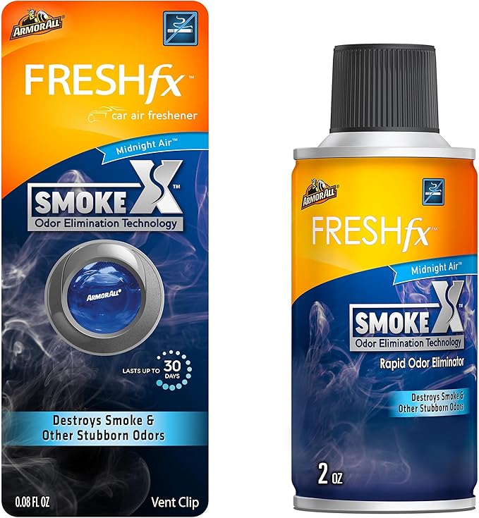 Armor All Fresh FX Smoke X Car Odor Eliminator, Car Air Freshener, Pack of 1 + Car Air Freshener, Smoke X by Armor All, Car Air Freshener and Purifier, 2 Oz Each Midnight Air Scent
