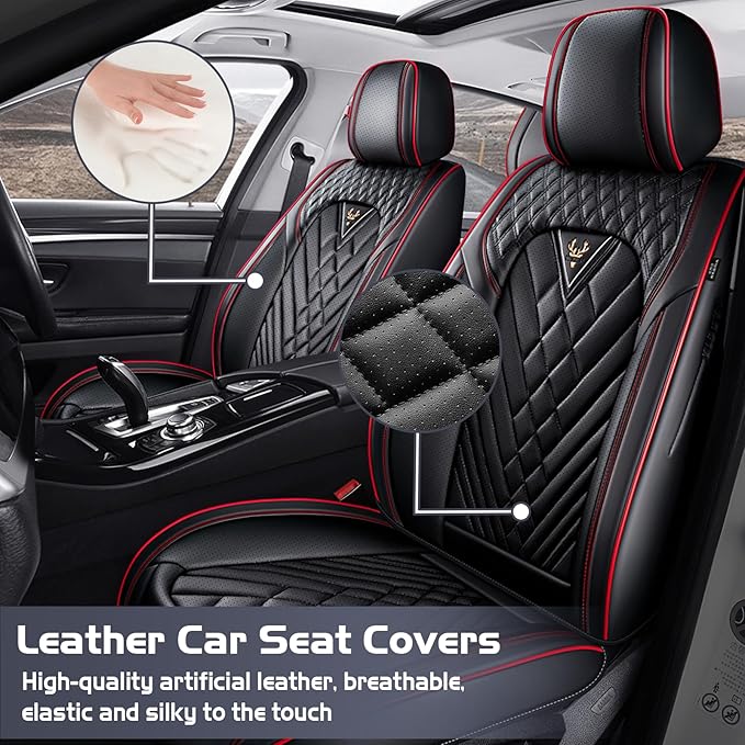 Truck Seat Covers for Toyota Tundra 2008-2026, Waterproof Premium Leather Full Coverage Car Seat Cover, Muscle Sport Style Auto Interior Seat Cover Sets (Front Set/Black Red)