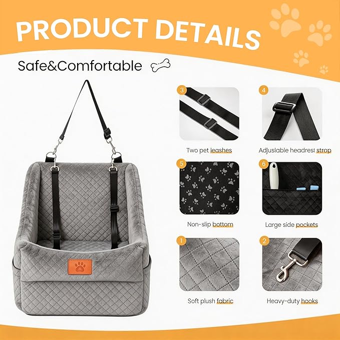 Dog Car Seat for Medium Dogs – Premium Pet Booster Seat with Two Pet Safety Belts, Detachable Washable Cover Non-Slip Base, Portable Dog Travel Seat for Road Trips & Daily Errands Up to 35lbs