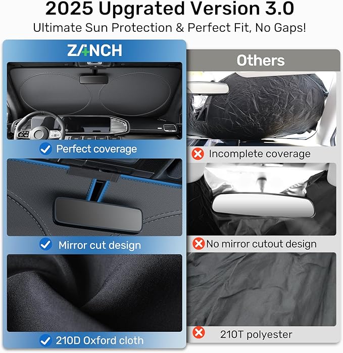 2025 Upgraded Zanch Car Front Windshield Sun Shade - Ultimate UV Protection & Heat Reductionlinnovative No-Light Leakage TechnologylFoldable DesignlPerfect Fit for Sedans Mini SUVs, Medium(64"X32")