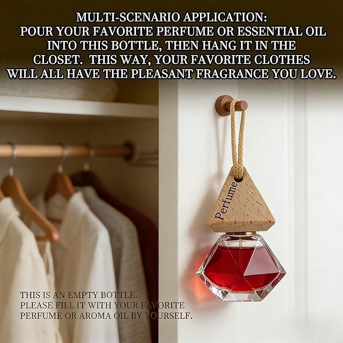 2-Pack Hanging Car Air Freshener, Refillable Glass Diffuser Bottle with Wooden Cap, Drift Car Freshener for Essential Oils, Long-Lasting Scent - Car Accessories for Women Men-Rhombus