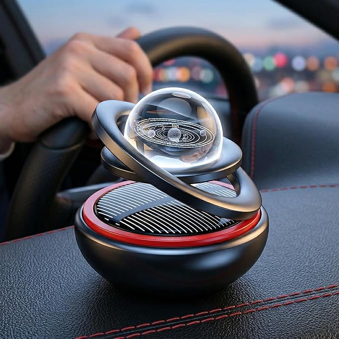 Petraero Solar Levitating Car Ornament & Air Freshener – Dual-Ring Auto-Rotating Aromatherapy Diffuser, Light-Sensing LED, Cool Dashboard Decor for Car/Truck/Desk (black)
