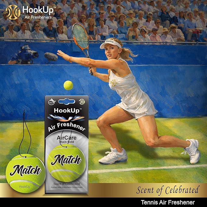 Tennis Car Air Freshener by HookUp - 10 Pack - Black Gold Scent (Extra Strong) | Unique Tennis Gift for Players, Coach, Fans | Hanging Car Accessory with Long Lasting Fresheners Smell
