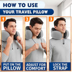 Plane Neck Pillow for Long Flights – 4-in-1 Set | Adjustable Memory Foam Gray Airplane Pillow Neck Support, Eye Mask, Earplugs, & Cover | Soft Washable Cotton Cover, Button Closure – Comfort Traveling