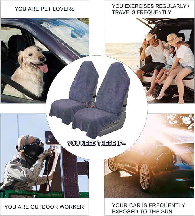 Car Seat Towel Cover, 2pcs Universal Front Seat Protector for Cars, SUVs and Trucks, Sweat Towel Car Seat Cover for Gym, Yoga, Swimming, Pets and Family Travel, Purple Gray