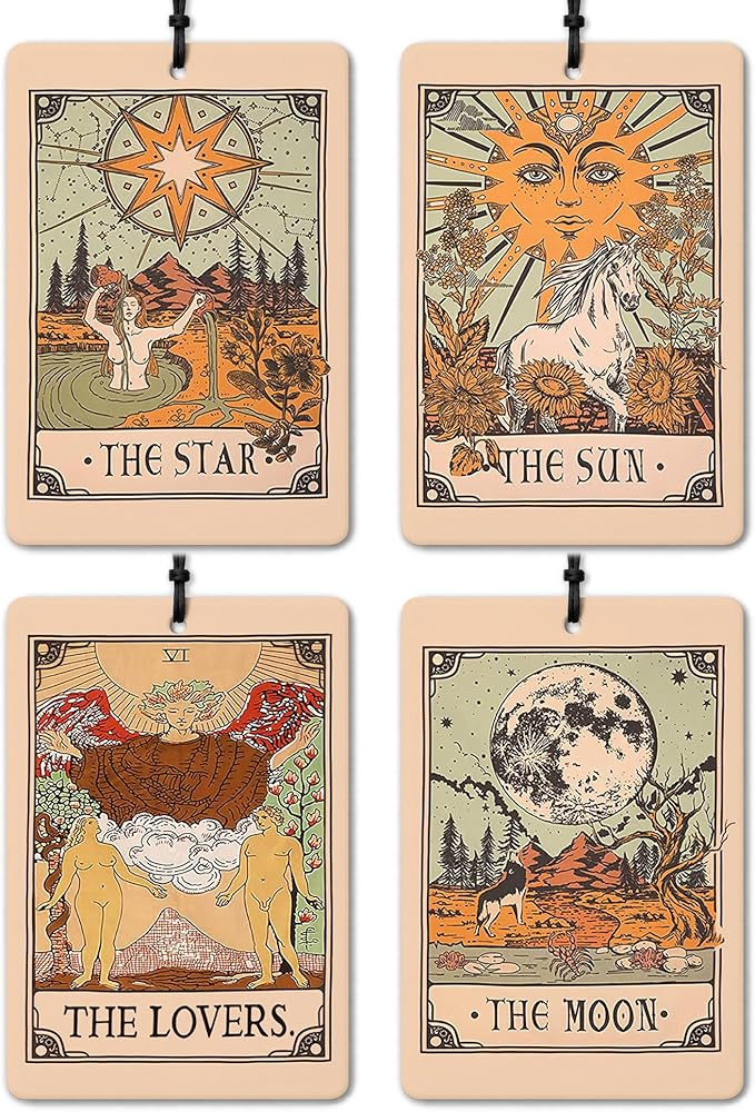 Vintage Boho Witchy Tarot Card Car Air Freshener 4 Pcs, the Star Sun Lovers Moon Tarot Card Air Freshener Hanging for Cars Books Closet Drawer, Witchy Car Accessories for Women Men
