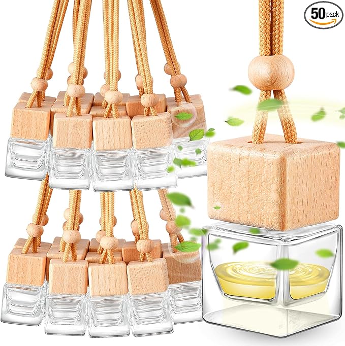 Rtteri 50 Pcs Car Air Fresheners Diffuser for Essential Oil Empty Hanging Bottle Glass Bottles Refillable Perfume Pendant Aromatherapy Fragrance Ornament Decor(Square Style)