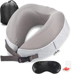 Travel Pillow for Airplane Memory Foam - Neck Support Travel Pillows for Sleeping, Traveling, Car, Home - Adult Flight Pillow Kit with Sleep Mask, Earplugs, Breathable Cover Machine Washable, Gray