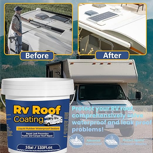 1Gal/133Fl.oz Liquid Rubber Rv Roof Coating White Waterproof Sealant Camper Roof Repair Solar Reflective Wooden Brush Putty Knife Nitrile Gloves Paint Roller Drywall Repair Tape