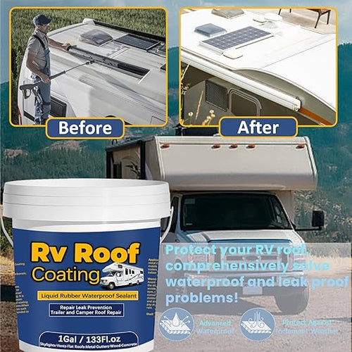 1Gal/133Fl.oz Liquid Rubber Rv Roof Coating White Waterproof Sealant Camper Roof Repair Solar Reflective Wooden Brush Putty Knife Nitrile Gloves Paint Roller Drywall Repair Tape