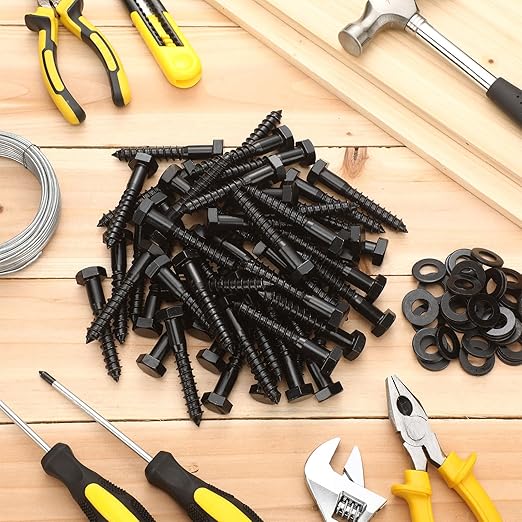 Tandefio 100 Pack 1/2''x 3'' Ceramic Black Lag Screw Kit with Washers Hex Lag Bolts Wood Screws Heavy Duty Hot Dip Galvanized Double Layer for Wood Decks Fences