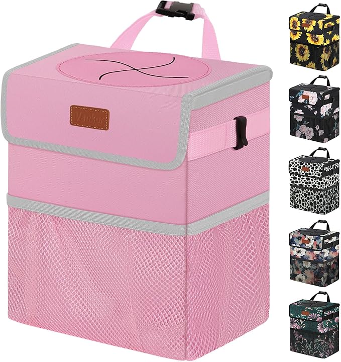 Pink Car Trash Can Cute, Pink Car Accessories for Women Waterproof Automotive Garbage Cans Leak Proof Vehicle Trash Can
