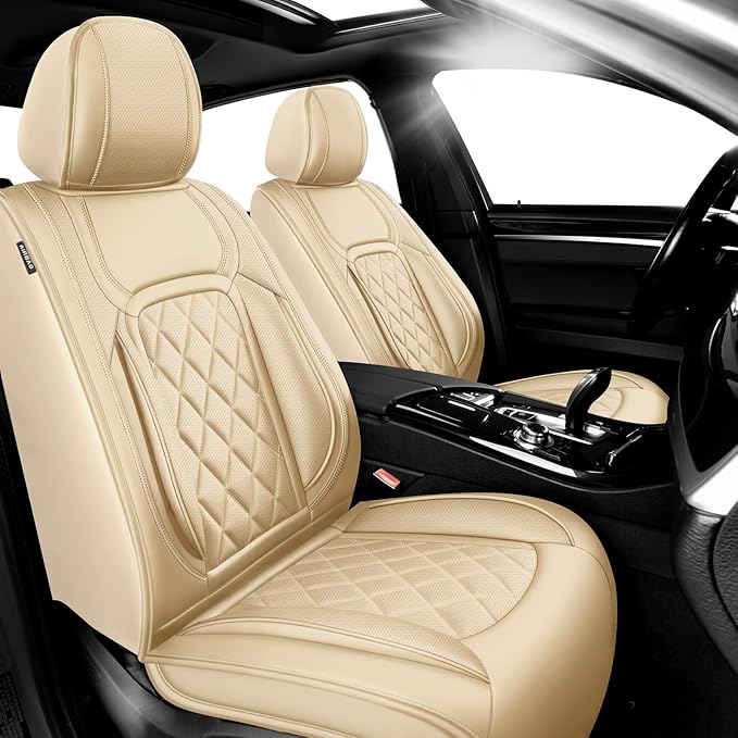 Fit Tucson Car Seat Covers Compatible with Hyundai Tucson 2010-2026, Premium Leather Breathable, Wear Resistant, Airbag Compatible, All-Weather Protection & Full Coverage, 2 Front Seat Beige
