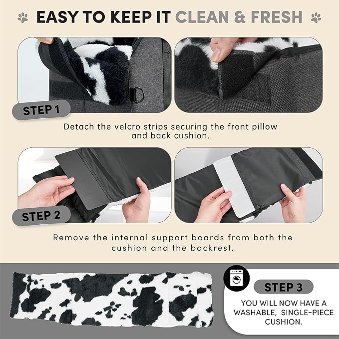 BurgeonNest Center Console Small Dog Car Seat - Portable Pet Cat Puppy Booster Armrest Carseat Up to 11lbs, Anti-Collapse Comfort Car Travel with Washable Fluffy Cushion and Pillow, Milk Cow