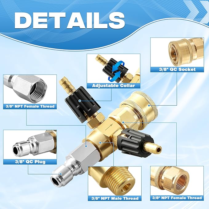 JOEJET Downstream Injector for Pressure Washer, Adjustable Dual Barb Chemical Injector Kit with 3/8 Inch Quick Connect, 3-5 GPM, 4500PSI