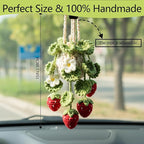 Crochet Car Air Freshener Hanging, Cute Hanging Plant for Cars, Crochet Strawberry Plant with 10ml Empty Refillable Oil Diffuser Bottle, Handmade Boho Car Ornament Charms for Rear View Mirror, Red