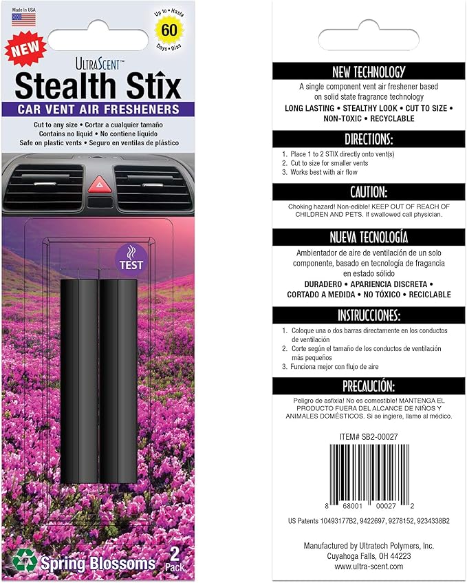 Stealth Stix, Car Air Freshener, Long Lasting Vent Clip Freshener, Spring Blossoms Scent (2 per pack)