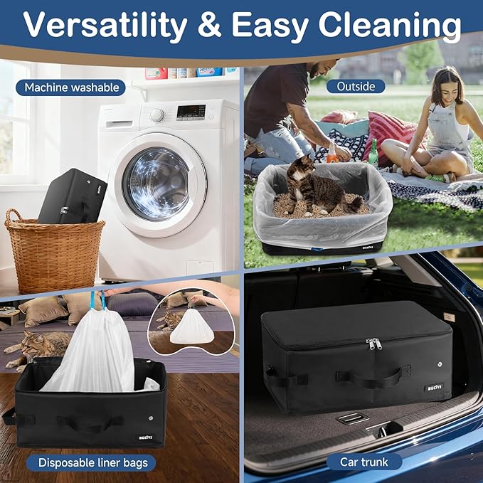 Portable Cat Travel Litter Box with Lid and 10 Pcs Disposable Liner Bags, Leak-Proof & Collapsible, Easy Clean Odor-Control Cat Travel Essentials for Car, Hotel, Airplane, Camping,Trips Black