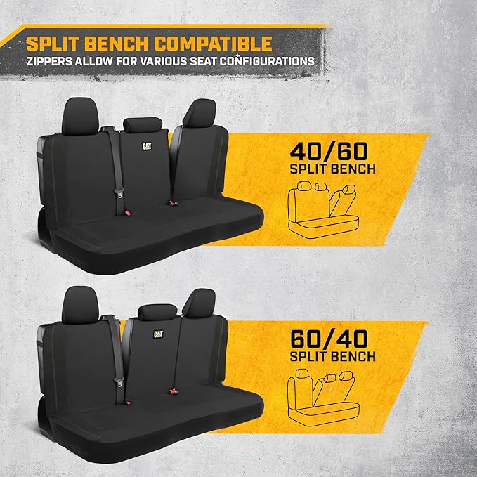 CAT PU Leather Car Seat Covers Full Set – Front Bucket Seats + 60/40 Split Rear Bench – Black Waterproof Automotive Seat Covers, Scratch-Resistant, Universal Fit for Cars, Trucks, SUVs, Easy Install