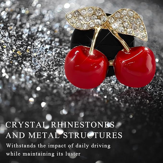 4PCS Cherry Car Air Vent Freshener Perfume Clip, Rhinestone Vehicle A/C Outlet Clips Bling Charm with Scented Pads, Sparkly Diamond Vent Clamp Cute Cherry Decoration for Women